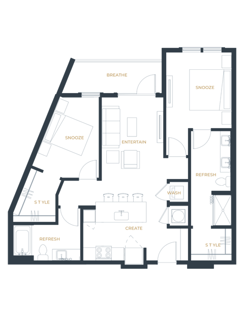Floor plan for 2 beds, 2 baths, 980 sqft